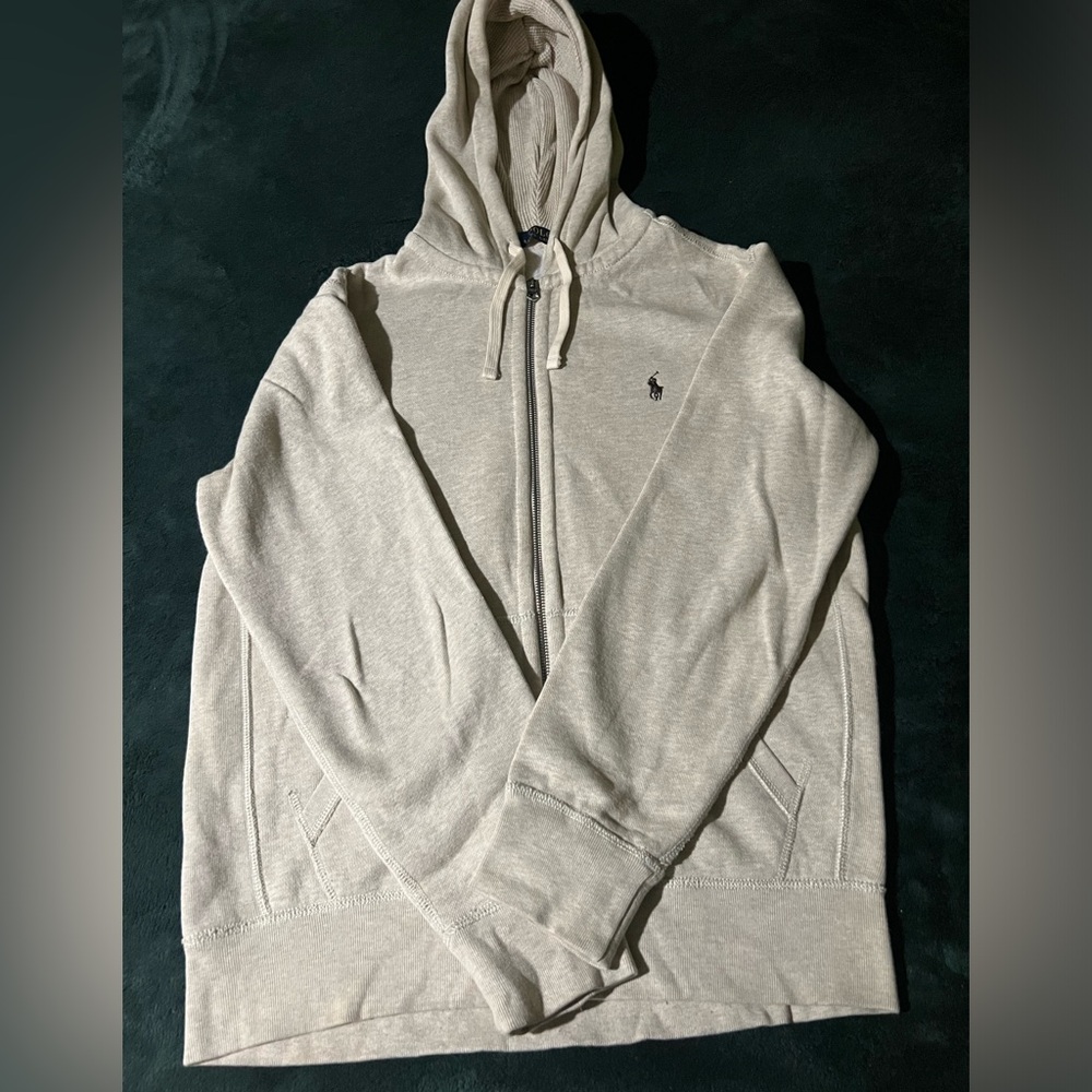 Polo Cream Zip-Up Hoodie with Brown Logo Size Med